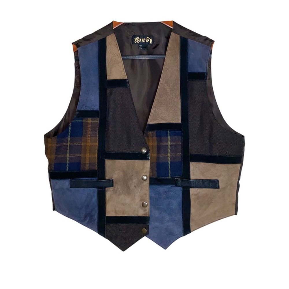 Vintage 90s Learsi Plaid Suede Leather Blue Brown Patchwork Button Front Vest